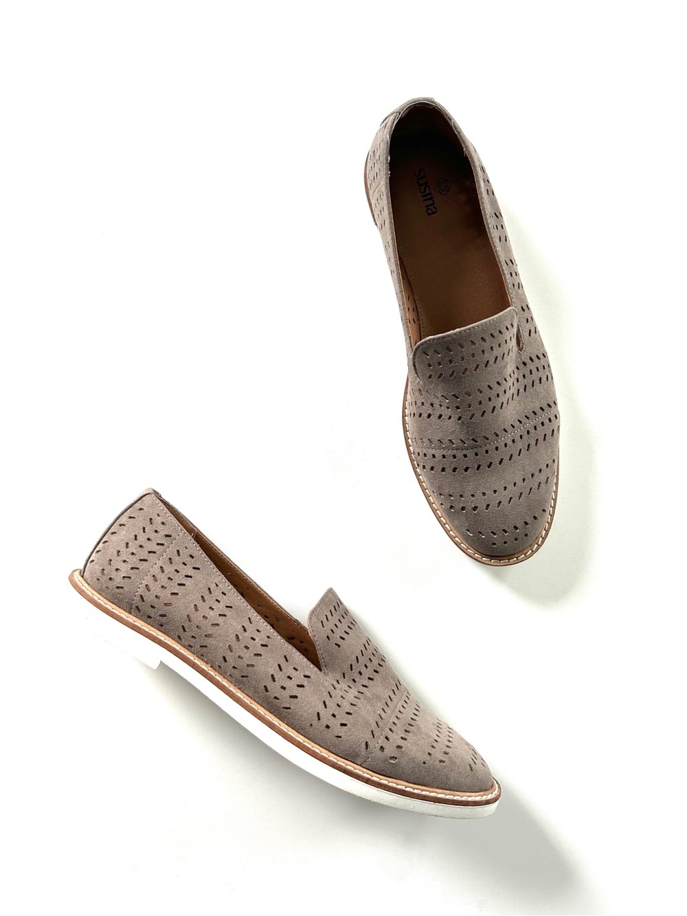 Susina Taupe Perforated Slip-On Suede Loafer Flats